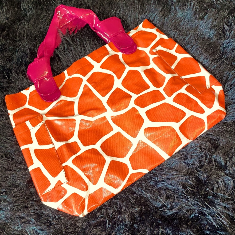 Kate Landry orange and pink giraffe tote bag
